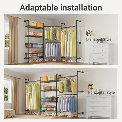 Timate X3 Expandable Heavy Duty Clothes Rack Wall Mounted Clothing Rack for Hanging Clothes, Industrial Pipe Closet System for Walk in Closet Kit Wall Mount Clothes Rack with Basket, Black Wall Closet