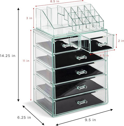 Sorbus Acrylic Makeup Organizer Set, 6-Drawer Vanity & Countertop Cosmetic Storage with Small & Wide Compartments, Teal Thrill Makeup Storage for Brushes, Jewelry – Holiday Gift for Women & Teens