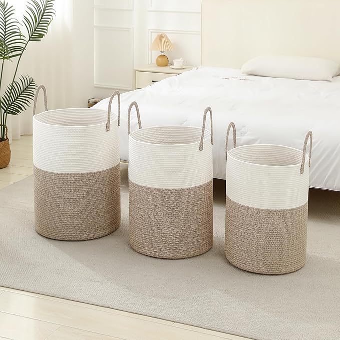Laundry Basket Hamper Tall Rope Storage Woven for Blanket toys Dirty Clothes in Living Room Bathroom Bedroom (White&Brown, 80L/21.3Gal)