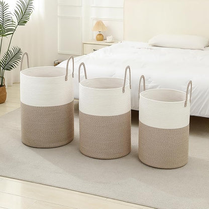 Laundry Basket Hamper Tall Rope Storage Woven for Blanket toys Dirty Clothes in Living Room Bathroom Bedroom (White&Brown, 80L/21.3Gal)