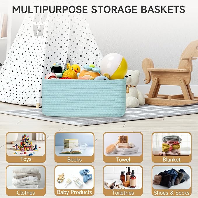 3-Pack Storage Baskets for Organizing | Woven Shelf Toy Basket | Rope Baskets for Gifts Empty | Closet Organizer Bins with Handles | Cube Decorative Box | 13.7×7.1×6.7” | Light Blue