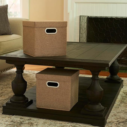 Household Essentials 802-1 Café Cube Bin Storage Set with Lids and Handles | 2 Pack, Brown Linen