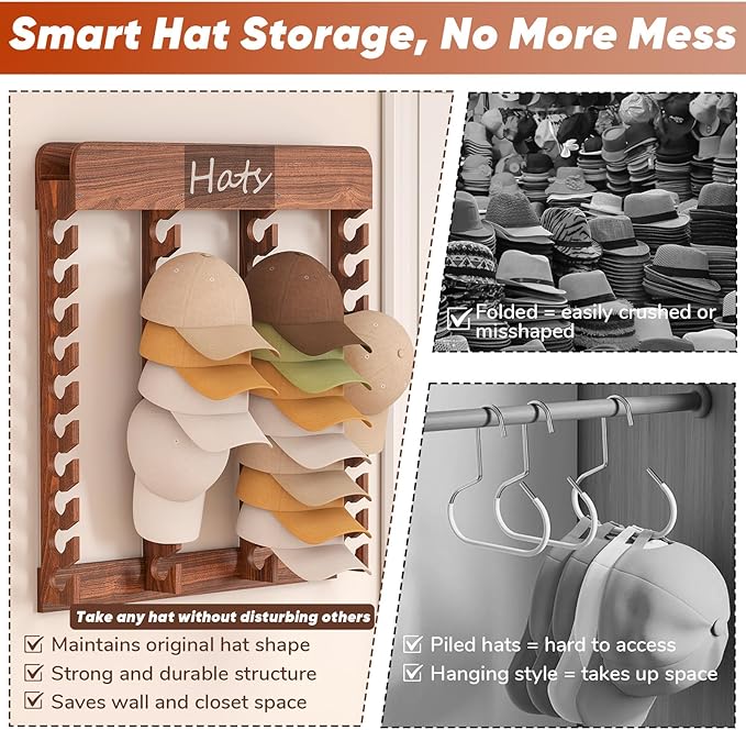 lesolar Wooden Hat Rack for Baseball Caps - Hat Rack for Wall with 40-Slot Display, Farmhouse Hat Holder for Men & Women, Hat Wall Storage for Caps, Western Hats, and More (29.5" x 29.5")