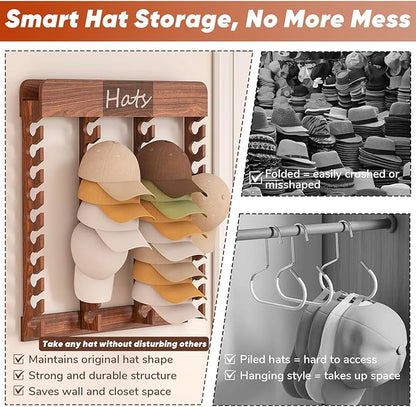 lesolar Wooden Hat Rack for Baseball Caps - Hat Rack for Wall with 40-Slot Display, Farmhouse Hat Holder for Men & Women, Hat Wall Storage for Caps, Western Hats, and More (29.5" x 29.5")