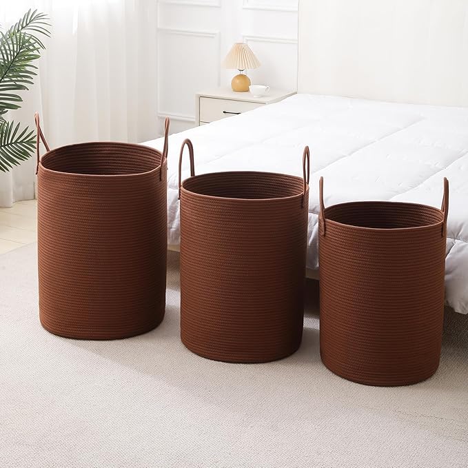 Laundry Basket Hamper Tall Rope Storage Woven for Blanket toys Dirty Clothes in Living Room Bathroom Bedroom (Dark Brown, 80L/21.3Gal)