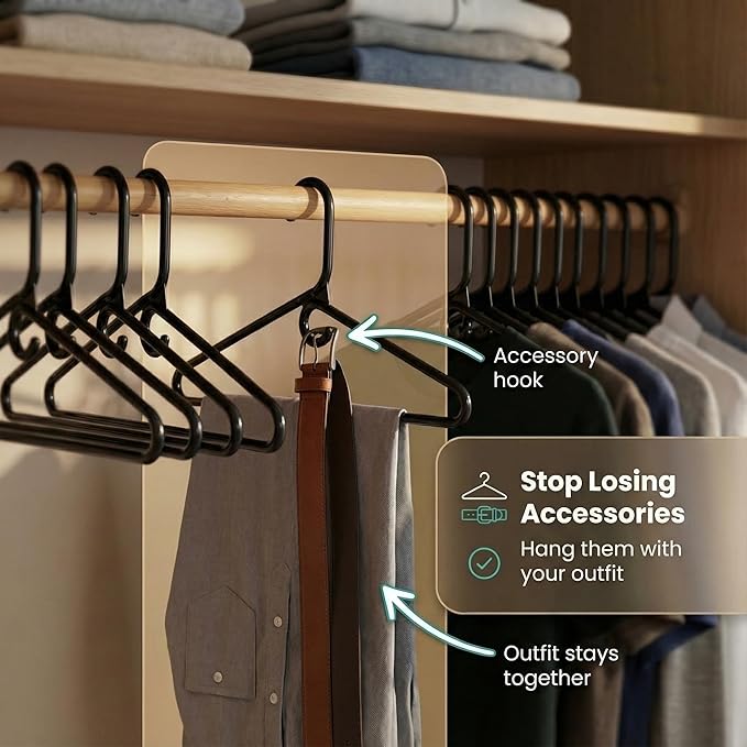 DEILSY™ Black Heavy Duty Hangers with Hooks for Scarves & Belts – Thick and Strong Clothes Hangers for Shirts, Jackets, Pants, and Dresses – Space-Saving Plastic Hangers – Pack of 50