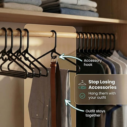 DEILSY™ Black Heavy Duty Hangers with Hooks for Scarves & Belts – Thick and Strong Clothes Hangers for Shirts, Jackets, Pants, and Dresses – Space-Saving Plastic Hangers – Pack of 50