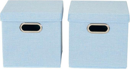 Household Essentials 816-1 Café Cube Bin Storage Set with Lids and Handles | 2 Pack, Baby Blue Linen