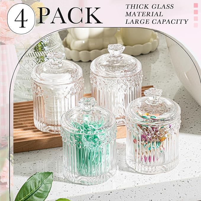 Hushee 4 Pcs Crystal Glass Candy Jar Set with Lids Home Decorative Storage Jars for Apothecary, Bathroom, Kitchen, and Pantry, Ideal for Cotton Swabs and Jewelry(Clear)