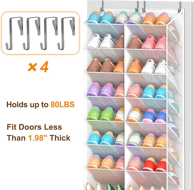 UVIAHOMI 20-30 Pairs Over the Door Shoe Organizer, Breathable Pocket Hanging Shoe Storage for Closet, 10-Tier Door Shoes Rack, Handing Shoes Holder Fit All the Family's Sneakers, Boots, Heels, White