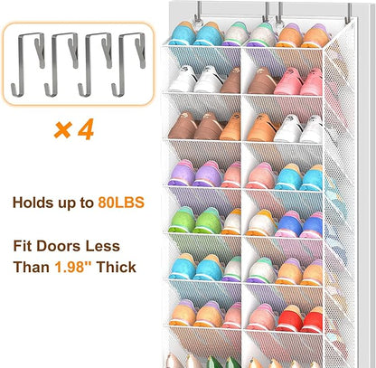 UVIAHOMI 20-30 Pairs Over the Door Shoe Organizer, Breathable Pocket Hanging Shoe Storage for Closet, 10-Tier Door Shoes Rack, Handing Shoes Holder Fit All the Family's Sneakers, Boots, Heels, White