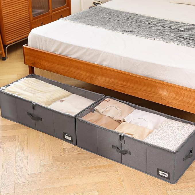 Freebat 10" High Under Bed Storage Containers, Underbed Container with Clear Lid Cover & Label Holder, Storage Bag Box with Visiable Window for Clothes, Bedsheet, Pillow, 2 Pack(Gray)