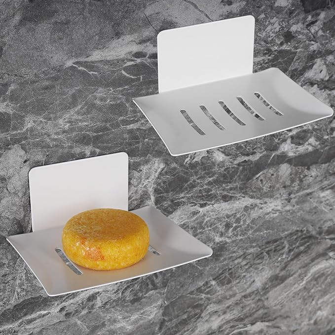 2 Pack Soap Dishes for Bathroom, Bar Soap Holder with Self Draining Tray, Soap Tray for Shower Wall, 5 Slot Self-Adhesive Soap Container (White)