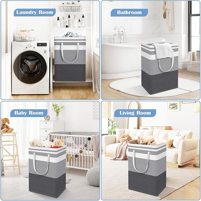 BlissTotes 3-Pack Laundry Basket, Freestanding＆Waterproof Laundry Hamper, Collapsible Tall Clothes Hamper with Easy Carry Handles for Clothes, Towels in the Family and Dorm,Gradient Grey,100L
