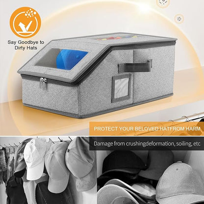 Xixter Stackable Hat Organizer for Baseball Caps- 2 PCS Featuring a Transparent Viewing Window, Hat Organizer for Closet, Holds up to 30 Caps, with Cardboard Inserts,Light Grey