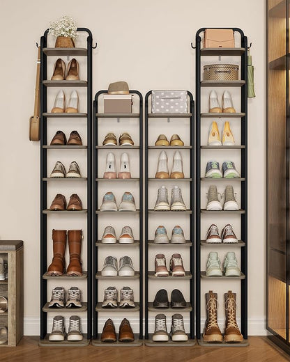 Hzuaneri 10 Tiers Vertical Shoe Rack, Narrow Shoe Tower, Tall Shoes Shelf with 2 Hooks, Adjustable Shelves, Corner Shoes Shelves for Small Spaces, Entryway, Living Room, Greige SR11205B