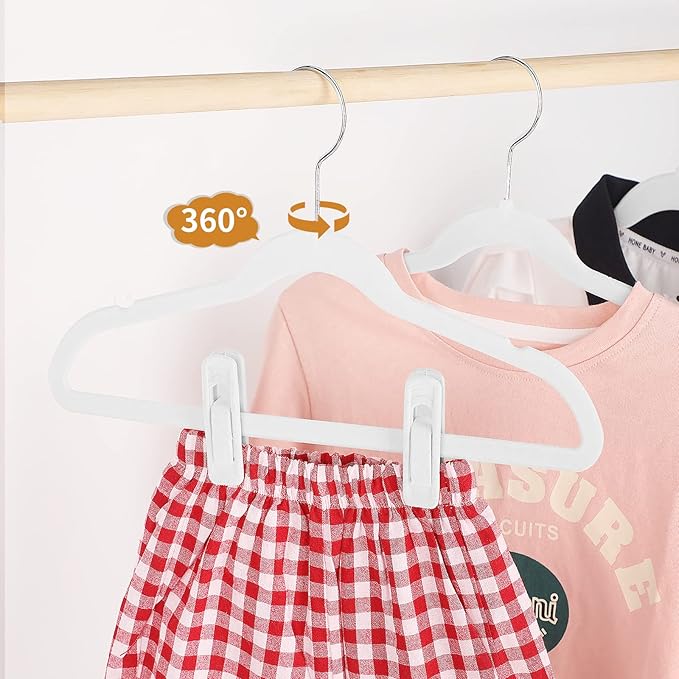 Tinfol White Velvet Kids Hangers 60 Pack, 14 Inch Premium Ultra Thin Cute Childrens Clothes Hangers for Closet, Small Non Slip Felt Toddler Hangers for Kids Clothes