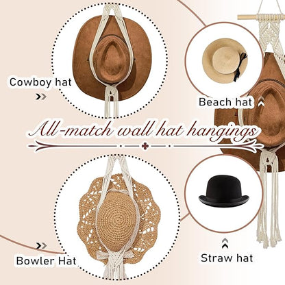 Yulejo Macrame Hat Hangers Boho Hat Rack Cowboy Hat Hanger Back of Door Hat Organizer (White,One Hat Style)