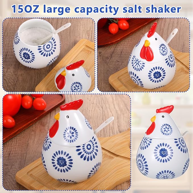 15.8 oz Ceramic Salt Cellar with Lid & Spoon, Large Blue Rooster Design Countertop Storage, Multifunctional Kitchen Jar for Kosher Salt, Pepper, Spices, Herbs, Coffee & More