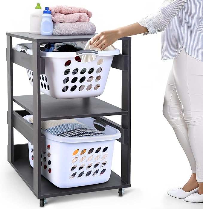 Laundry Basket Holder Shelf (2-Tier) - Stackable Engineered Wood Laundry Tower with Wheels, Tiered Laundry Hamper Organizer for Bathroom, Bedroom