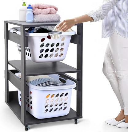 Laundry Basket Holder Shelf (2-Tier) - Stackable Engineered Wood Laundry Tower with Wheels, Tiered Laundry Hamper Organizer for Bathroom, Bedroom