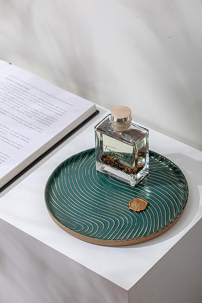 Vanity Tray with Brown Trim - Candle & Perfume Holder Organizer - Round, Green, 8"8" - Home Decor for Dresser, Table, Bathroom Countertop