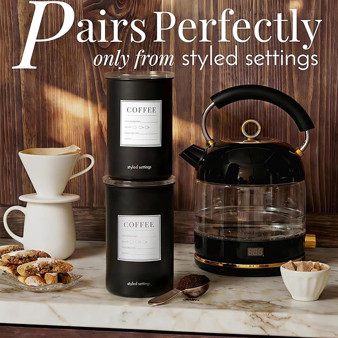 STYLED SETTINGS Vacuum Seal Coffee Bean Container Set – 2-Piece Stainless Steel Coffee Canisters with Scoop and Labels, Matte Black Dual-Lid Airtight Design, 1 lb Capacity Each - Coffee Gift Ideas