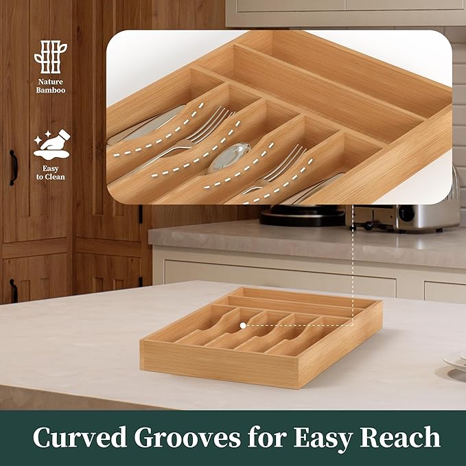 Silverware Organizer, Bamboo Kitchen Drawer Organizer, Utensil Holder, Cutlery Tray & Spoon Flatware Storage with Grooved Drawer Dividers (11''W x 16''D)