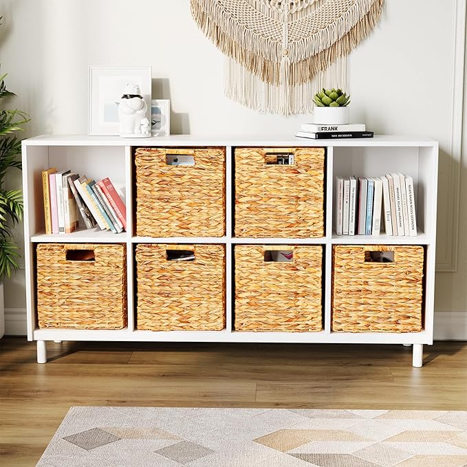 SpaceAid 6 Pack Wicker Basket, Storage Baskets for Organizing, Woven Rattan Basket with Handles for Shelves, Water Hyacinth Large Cube Organizer Storage Bin, 12x12x12 inch, Natural