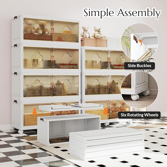 Stackable Storage Bins with Lid & Wheels, 136 Gal/544 Qt Extra Large Plastic Storage Containers, Foldable Collapsible Organizer Box for Garage, Pantry, Closet (4-Pack, Cream White)