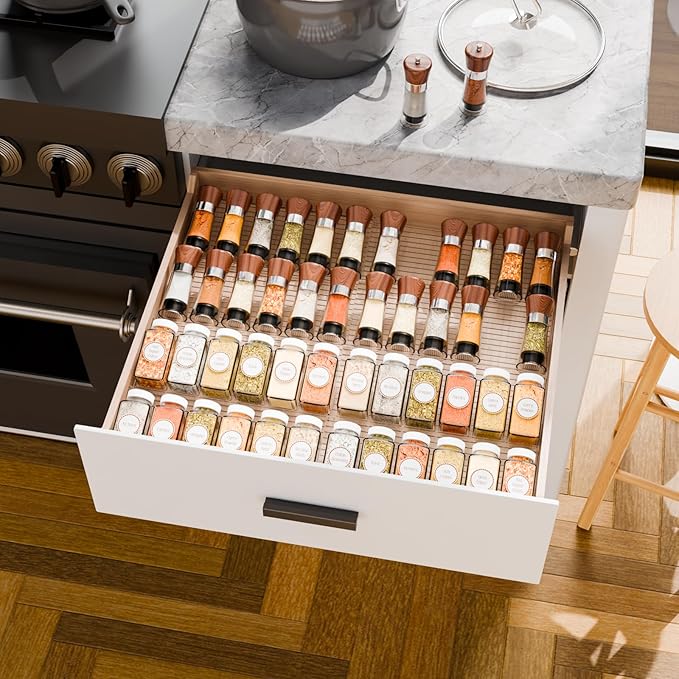 Yieach 4 Pack Adjustable In Drawer Spice Organizer - Expandable From 11" to 22" - Clear Acrylic Seasoning Organizer with Jars for Kitchen Drawer,Horizontal Tiered Kitchen Spice Organization & Tray