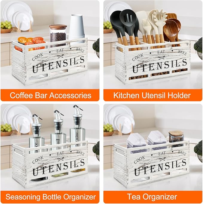 Wood Large Utensil Holder for Kitchen Counter Spatula Holder Cooking Utensils Organizer Farmhouse Utensil Caddy Rustic White Kitchen Decor Tools Gift Wooden Countertop Cutlery Caddy Spoon Holder