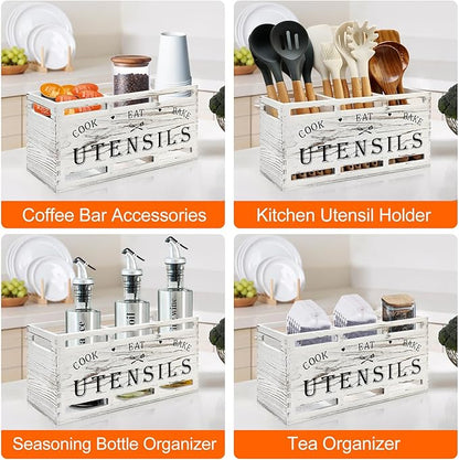 Wood Large Utensil Holder for Kitchen Counter Spatula Holder Cooking Utensils Organizer Farmhouse Utensil Caddy Rustic White Kitchen Decor Tools Gift Wooden Countertop Cutlery Caddy Spoon Holder