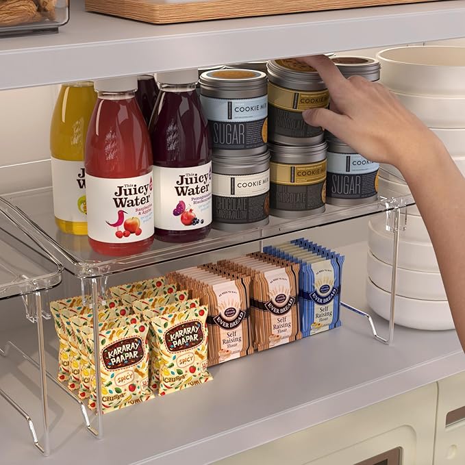 STARLATTA 2 Pcs Cabinet Organizer Shelf, Stackable Kitchen Counter Shelves, Spice Rack,Countertop Organizers, Clear Plastic Storage Shelves Rack for Makeup,Bathroom,Cupboard,Desk,Pantry Organization