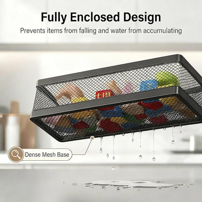 PUSDON 5-in-1 16.5" Extra Long Slim Wall Mount Wrapped Mesh Kitchen Organizer & Shower Caddy Kit, with Paper Towel Holder, Utensil Holder, Soap Dish, Holds 50LBS - Matte Black, Netting