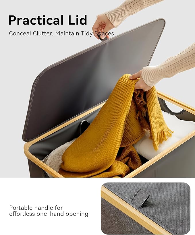 Storage Basket with Lid and Handles, 100L Fabric Bin with Divider for Shelf, Closet, Toy Organization, Collapsible Storage Organizer for Home, Grey