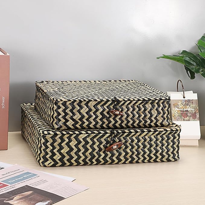 Hipiwe Woven Storage Basket with lid - Flat Wicker Storage Baskets Bins Natural Seagrass Storage Baskets Box for Shelf Home Decor, Set of 2, Blacks Strips
