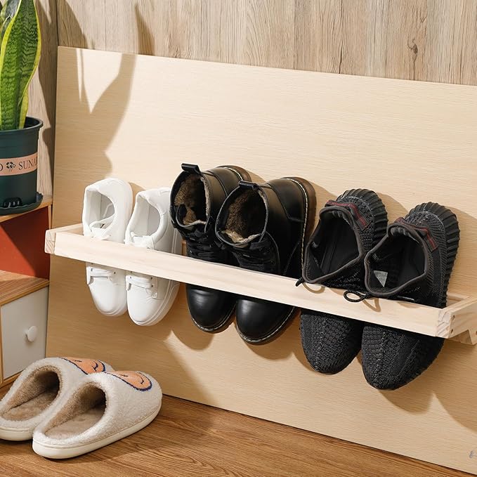 Wenqik 4 Pcs Wall Mounted Wooden Shoe Rack 30 Inch Rustic Wood Wall Hanging Shoe Rack Space Saving Footwear Holder Shoes Storage Organizer for Mudroom, Entryway, Closet (Wood Color)