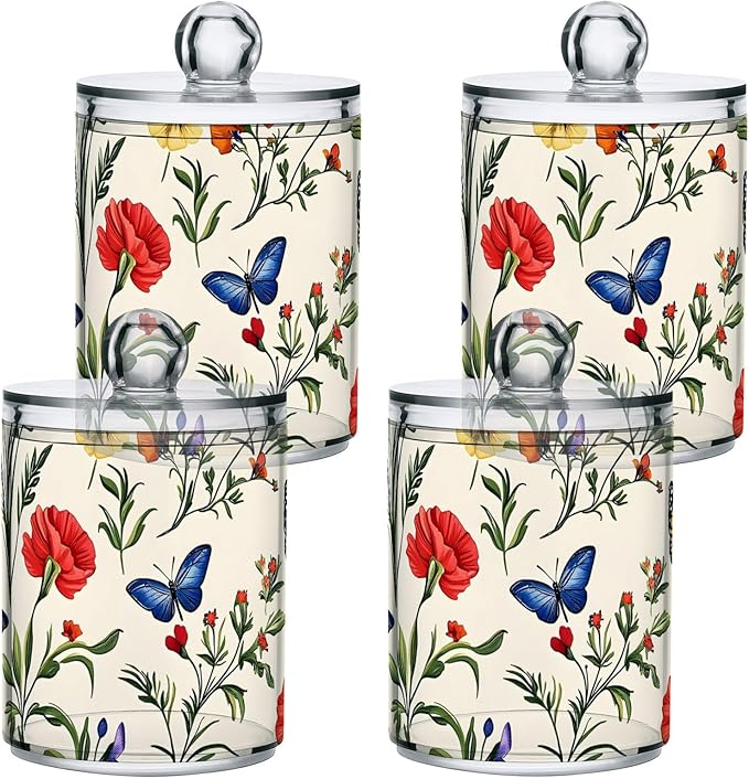 2 Pack Qtip Holder Dispenser for Cotton Ball Butterfly Tulip Wildflower Swab Round Pads Clear Plastic Acrylic Jar Set Bathroom Canister