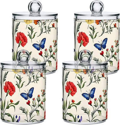 2 Pack Qtip Holder Dispenser for Cotton Ball Butterfly Tulip Wildflower Swab Round Pads Clear Plastic Acrylic Jar Set Bathroom Canister
