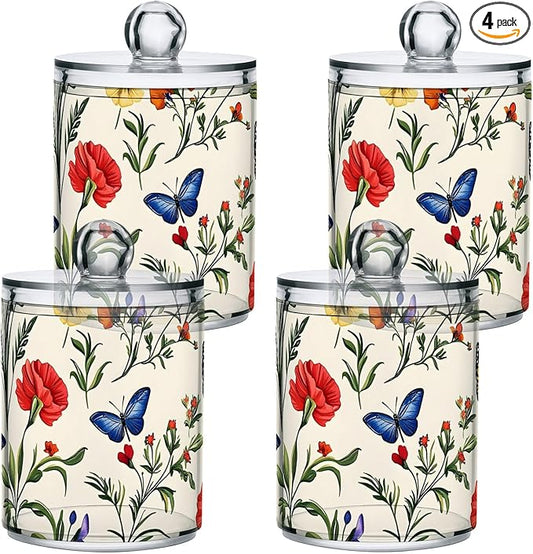 4 Pack Qtip Holder Dispenser Butterfly Tulip Wildflower Cotton Ball Swab Round Pads Floss Clear Bathroom Storage Containers Plastic Apothecary Jars with Lids