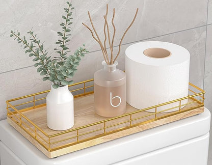 Toilet Paper Basket Organizer – Oak Wood Toilet Tank Tray with Metal Frame, Bathroom Counter Top Storage for Toilet Paper, Wipes & Decor, Modern Narrow Back of Tank Shelf Organizer, Gold & Nature Oak