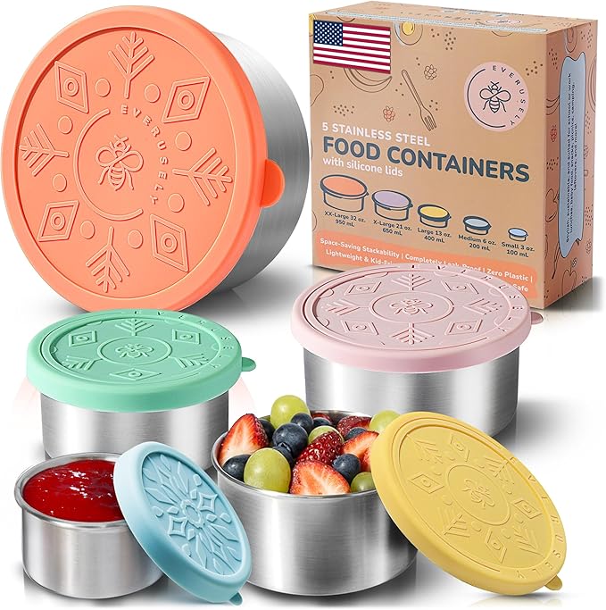 Everusely - Stainless Steel Containers with Lids - Set of 5, Bright Collection - Leakproof Stainless Steel Food Containers - Nesting Snack Holders - Metal Lunch Box - Portable & Reusable Meal Kit