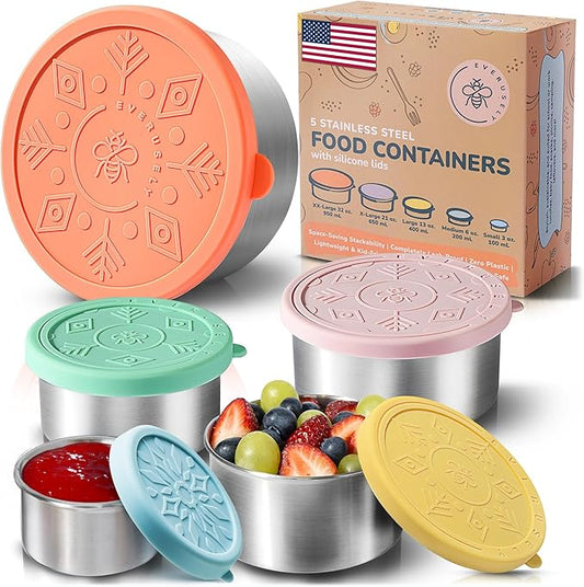 Everusely - Stainless Steel Containers with Lids - Set of 5, Bright Collection - Leakproof Stainless Steel Food Containers - Nesting Snack Holders - Metal Lunch Box - Portable & Reusable Meal Kit