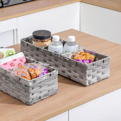 Toilet Tank Topper Paper Basket Multiuse Hand Woven Plastic Wicker Basket Bins with Divider for Shelves Rustic Farmhouse Bathroom Decor Countertop Organizer Storage