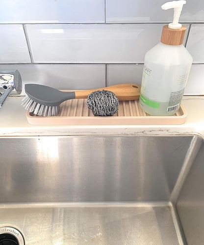 Silicone Kitchen Sink Organizer Tray, Sponge Holder and Countertop Protector | Bathroom and Kitchen Soap Dish and Dispenser Tray (Sand Dollar, 12"x4")