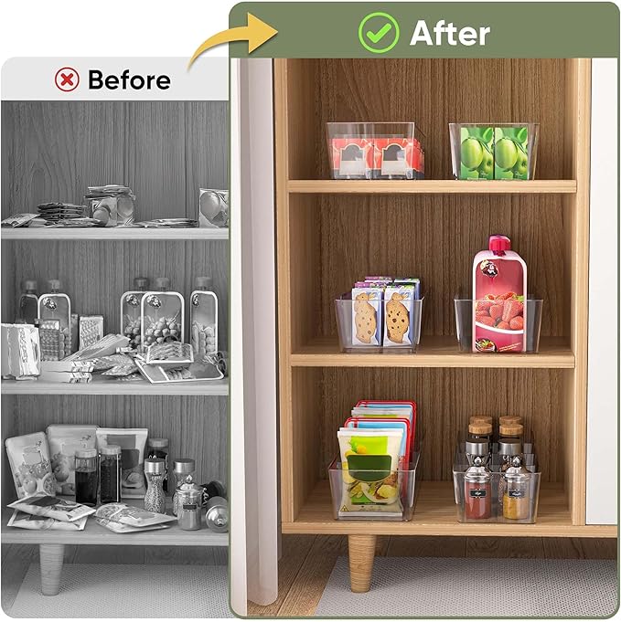 BALEINE Clear Plastic Storage Bins with 3 Removable Dividers, Pantry Organization, BPA Free Stackable Refrigerator Organizers and Storage for Kitchen Fridge Cabinet Bathroom (10.5x6.1x3.5, 4PK)
