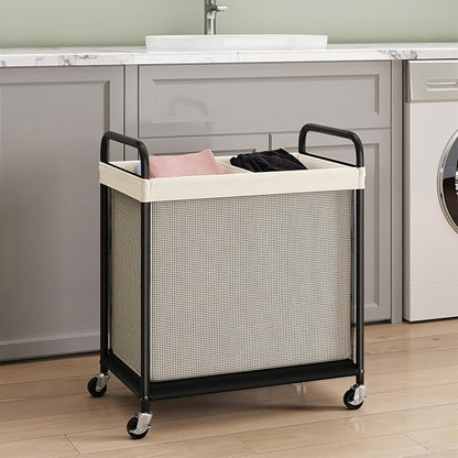 ELYKEN Laundry Hamper 2 Section, 100L Rolling Laundry Sorter with Removable Liner Bag, Laundry Basket with Wheels, Steel Frame with Metal Handle, Clothes Hamper Cart for Laundry Room & Bedroom