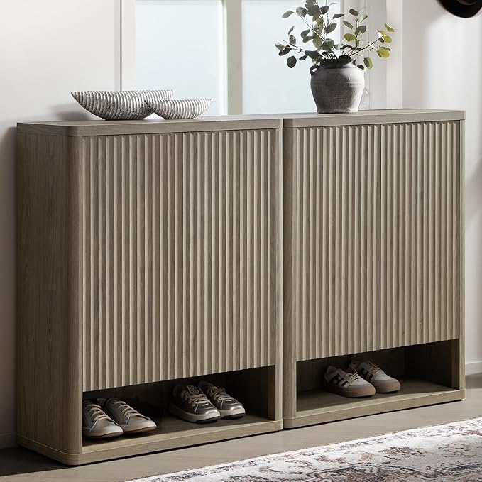 SICOTAS Shoe Cabinet 44 inch Tall Fluted Shoe Cabinet with Doors & 4 Shelves Wooden Large Hidden Shoe Storage Organizer Modern Free Standing 6-Tier Cabinet for Entryway Living Room Closet