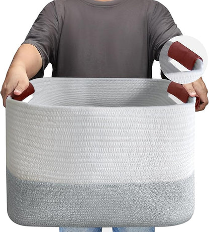 Large Cotton Rope Storage Basket with Leather Handles, Laundry Hamper Basket, 20 "L x 14" W x 12 "H, Durable & Stylish Organizer for Home.(Large Light Gray )